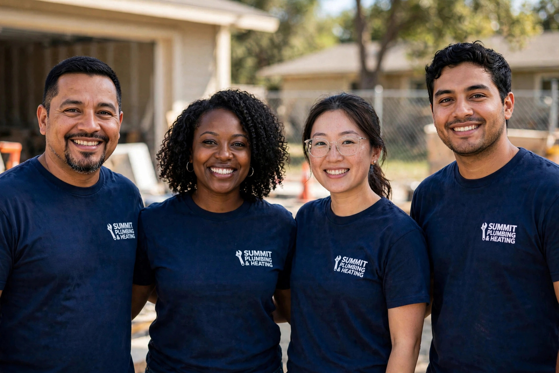 A four-person crew wearing matching navy Summit Plumbing & Heating tees at a job site